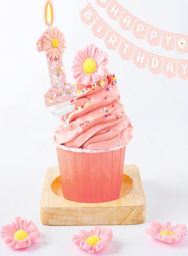 ElekFX Pink Daisy Flower Number 1 Candle with Tray - Fairy First Birthday Decorations for Girls, 2.76 Inch Glitter Cake Topper for Princess & Garden Parties - Image 3